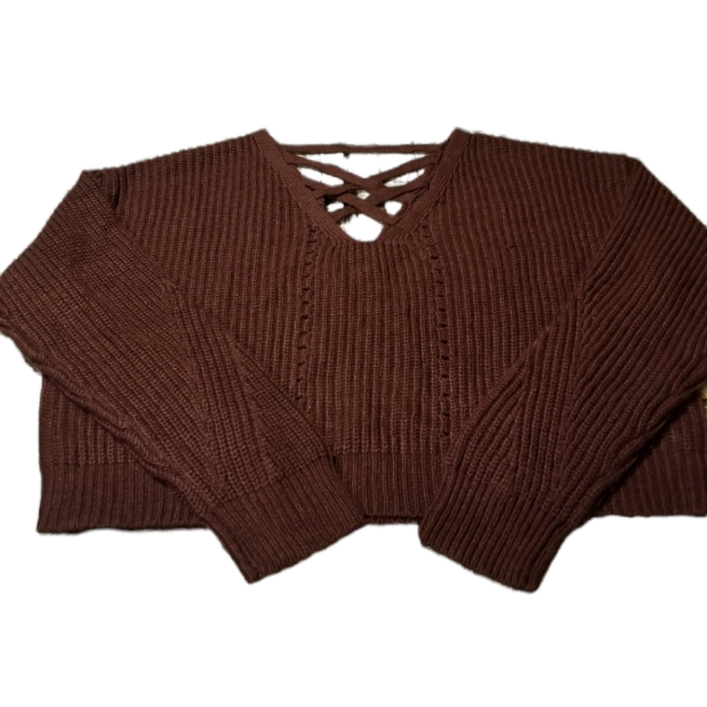 Aeropostale Womens Sweater Cropped Brown Lattice Sweater Size XL New